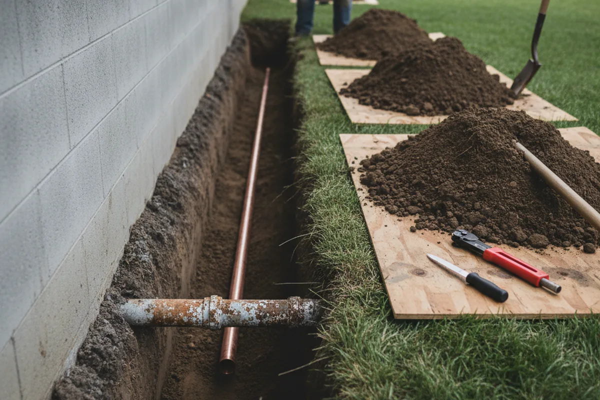 Excavated water line trench during Water Heater Repair in Brookings